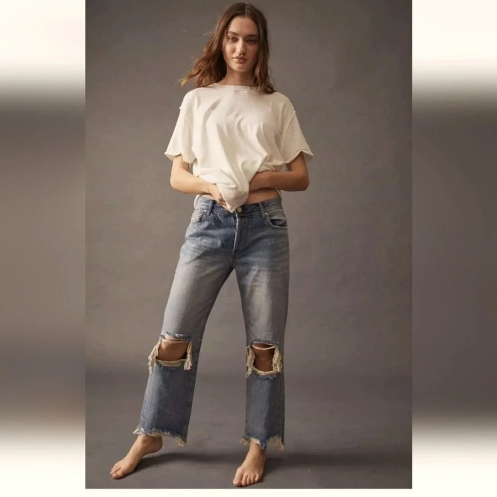 We The Free Free People Distressed Straight Leg Jeans Blue 27 Knee Ripped Frayed